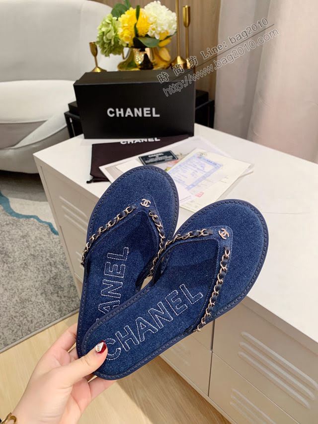 Chanel女鞋 香奈兒2020 春季新款 牛仔鏈條人字拖鞋  naq1249